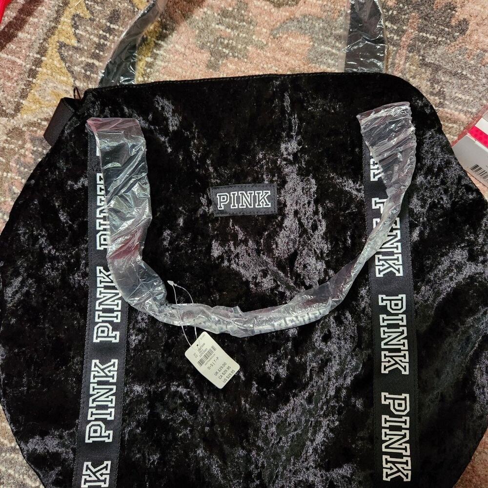 Victoria's Secret PINK Logo Black & White Velvet Duffle Tote Bag Double Strap Ne